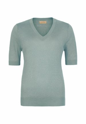 Lyseblå strikket trøje med korte ærmer, V-hals og ribstrikkede manchetter og kant, vist på en hvid baggrund.