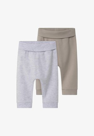 Two pairs of toddler shorts, one in light gray with ribbed cuffs, the other in solid beige with elastic waistband and cuffs.