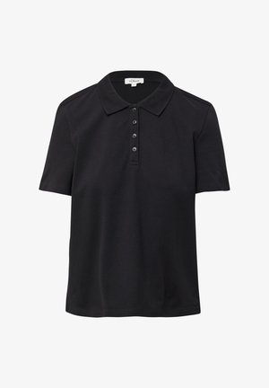 Czarna koszulka polo wykonana z bawełny, z klasycznym kołnierzykiem, krótkimi rękawami i pięcioma guzikami. Gładka tekstura, swobodne dopasowanie.