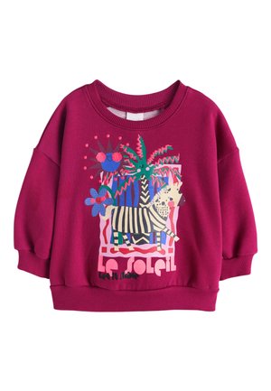 Detská mikina magenta farby s farebnou potlačou zebry, palmy, kvetov a štýlizovaného slnka s textom "Le Soleil" a "Love to Shine."