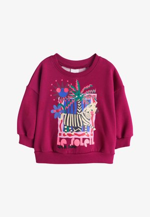 Børne-magentafarvet sweatshirt med et farverigt print af en zebra, palme, blomster og en stiliseret sol, med teksten "Le Soleil" og "Love to Shine."