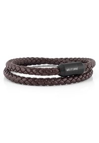 Braided dark brown leather bracelet featuring a black cylindrical clasp with "AKITSUNE" engraved. Smooth texture and flexible design.