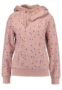 Felpa rosa con una vestibilità ampia, caratterizzata da un motivo geometrico di piccoli quadretti in blu navy, grigio e bianco. Include un cordino e una tasca a canguro.