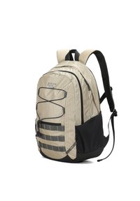 Zaino beige con superficie testurizzata, fondo nero, multiple cinghie grigie sul davanti, doppie zip e spallacci imbottiti.
