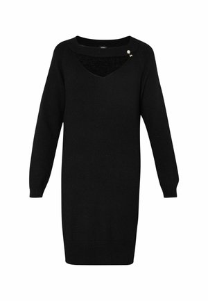 Abito maglione nero a maniche lunghe con scollo a V, con polsini e orlo a coste, caratterizzato da una spilla decorativa vicino al collo.