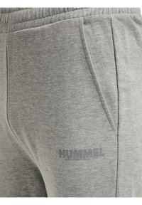 Pantalones de chándal grises hechos de una tela suave, con bolsillos laterales y un logotipo visible en gris oscuro en la parte inferior de la pierna izquierda. Cintura elástica presente.