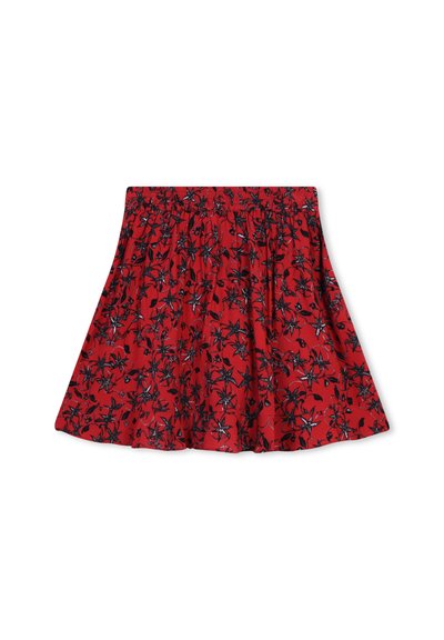 Jupe rouge avec une taille élastique froncée. Présente un motif floral noir et gris, avec une silhouette évasée et un tissu léger.