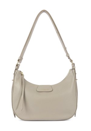 Leather shoulder bag in light gray with a curved shape, zipper closure, and gold-tone hardware. Features a detachable strap and textured surface.