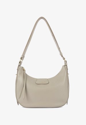 Borsa a tracolla in pelle grigia chiaro con forma curva, chiusura con zip e dettagli in metallo color oro. Dotata di tracolla staccabile e superficie testurizzata.