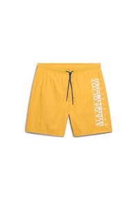 Geel zwemboxershort met een elastische tailleband, blauwe trekkoord en witte verticale branding op de zijkant. Lichtgewicht materiaal.