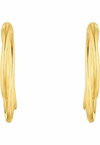 Pendientes de aro de oro con una superficie lisa y pulida y un diseño ondulado entrelazado. Presentan una construcción ligera y flexible.