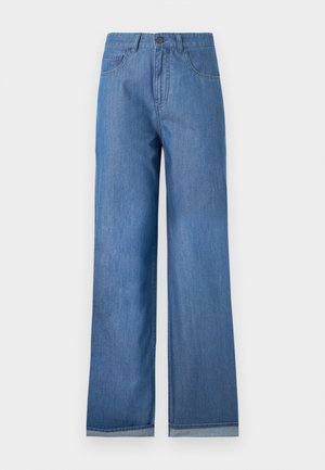 Blå høytlivs vide jeans med knapp og glidelås foran, frontlommer og brettede mansjetter.