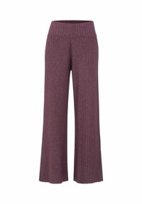 Wijdvallende broek in een diepe pruimkleur, met een verticale ribbeltextuur en een zachte elastische tailleband voor comfort.