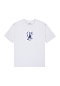 White cotton t-shirt featuring a blue graphic print of a tiger and text design at the center. Short sleeves and standard crew neckline.