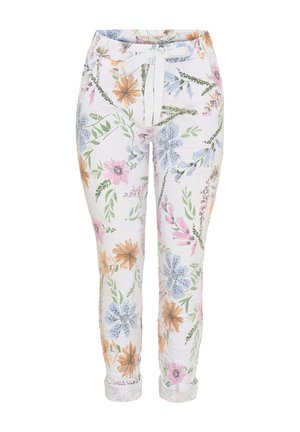 Blomsterprint bukser lavet af let stof. Har en hvid baggrund med farverige blomster i orange, pink, blå og grøn samt en snor i taljen.