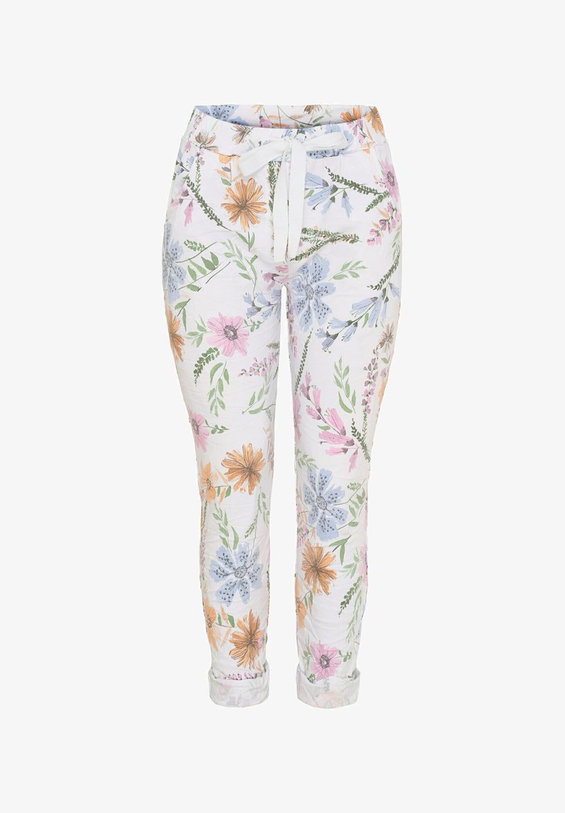 Blomsterprint bukser lavet af let stof. Har en hvid baggrund med farverige blomster i orange, pink, blå og grøn samt en snor i taljen.