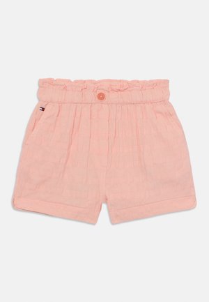 Helle rosa Shorts mit einem strukturierten Karomuster, elastischem Bund, einem einzigen Knopfverschluss und zwei Seitentaschen. Baumwollmischgewebe.