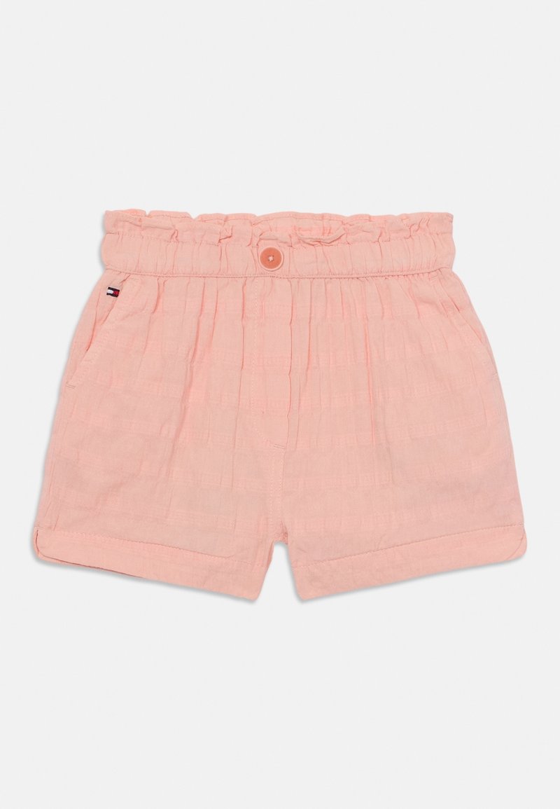 Pantalones cortos de color rosa claro con un patrón de cuadros texturizado, cintura elástica, cierre de un solo botón y dos bolsillos laterales. Tejido de mezcla de algodón.