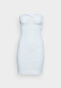 Vestido listrado, sem alças, em azul claro com um padrão floral. Design ajustado, tecido texturizado e detalhes franzidos na zona do peito.