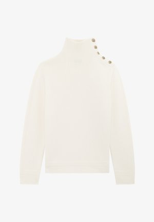 Crèmekleurige geribbelde turtleneck trui met lange mouwen en vier decoratieve gouden knopen langs de linkerschouder.