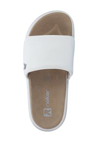 Sandale blanche à glissière avec une large courroie supérieure lisse. Semelle intérieure douce couleur tan avec surface texturée. Logo imprimé sur le côté et en dessous.