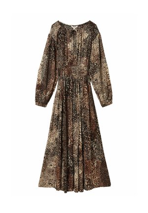 Long, flowing dress with a beige and brown animal print. Features long sleeves and gathers at the waist, accentuating a slightly flared skirt.