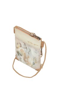 Bolso bandolera beige y crema con un patrón floral, cierre de cremallera, textura suave y una inscripción de "mi espacio seguro". Cuenta con una correa.
