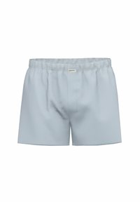 Hellblaue gestreifte Boxershorts mit einem elastischen Bund und einem kleinen Etikett auf der Vorderseite. Das Material wirkt weich und leicht.