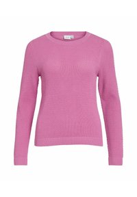 Różowy sweter na drutach z teksturowanym wzorem, długimi rękawami i zaokrąglonym dekoltem. Posiada prążkowane mankiety i dół dla dodatkowego efektu.