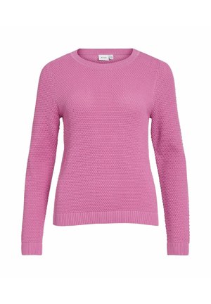 Różowy sweter na drutach z teksturowanym wzorem, długimi rękawami i zaokrąglonym dekoltem. Posiada prążkowane mankiety i dół dla dodatkowego efektu.