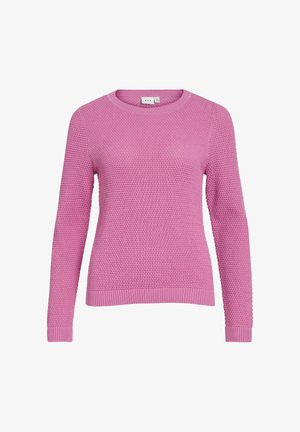 Roze gebreide trui met een gestructureerd patroon, lange mouwen en een ronde halslijn. Voorzien van geribbelde manchetten en zoom voor extra detail.