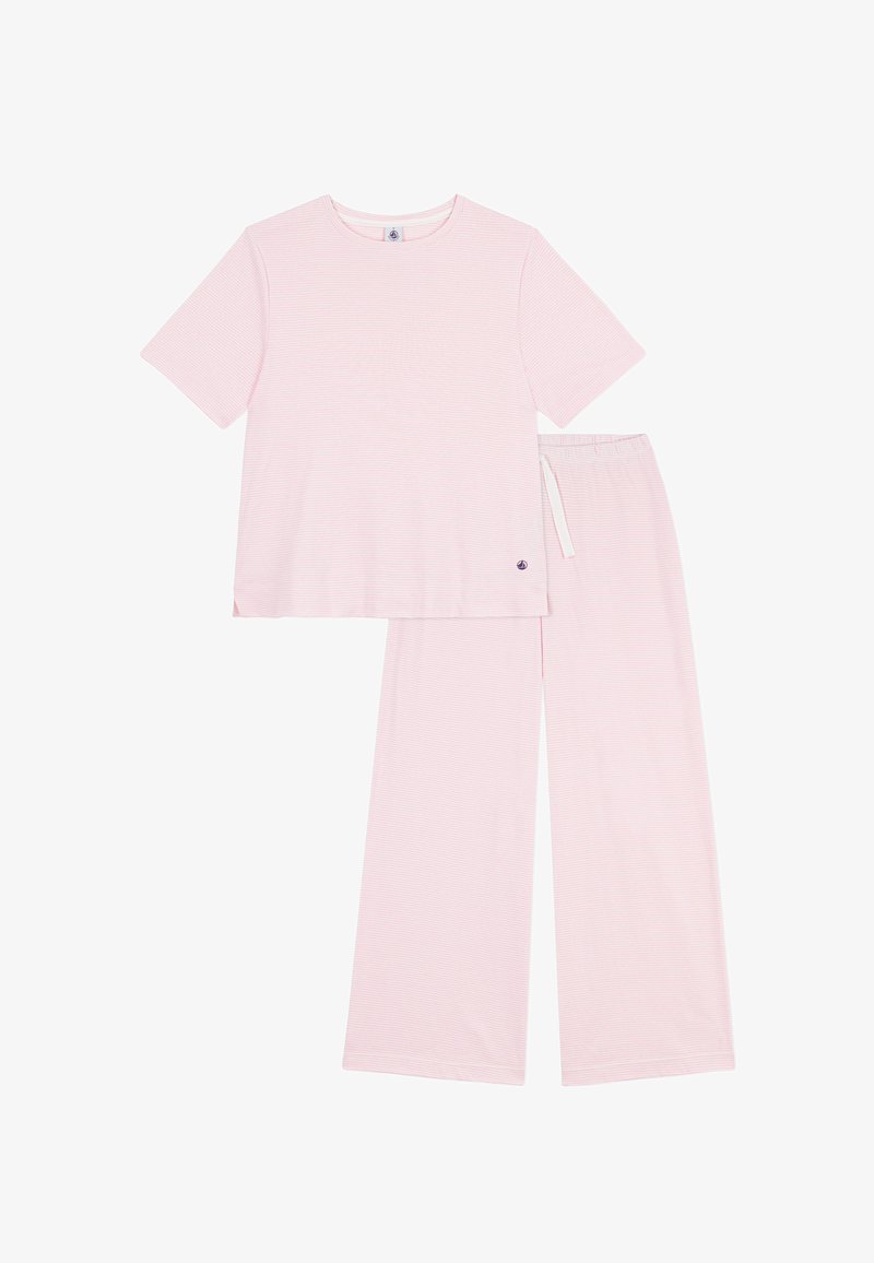 Top da pigiama a maniche corte a righe rosa chiaro e bianche, abbinato a pantaloni larghi. Presenta un piccolo logo scuro vicino all'orlo della maglietta.