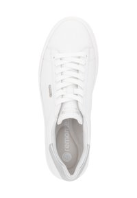 White leather sneaker with rounded toe and lace-up design. Features a soft gray lining and subtle logo detailing on the side.