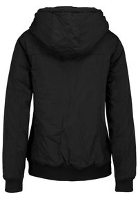 Veste noire à capuche avec manches longues, poignets côtelés et ourlet côtelé, vue de dos.