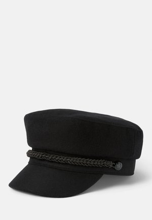 Black wool fisherman's cap with a braided cord detail and decorative buttons on each side.
