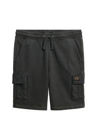 Pantaloni cargo grigio scuro realizzati in cotone, con vita elastica e cordino, tasche laterali e una tasca cargo con una patch del logo.