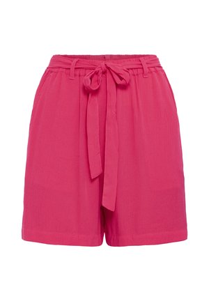 Kõrge vöökohaga roosad kangast lühikesed püksid, millel on sõlmitav vöö, vööaugud ja lõdvestunud lõige.