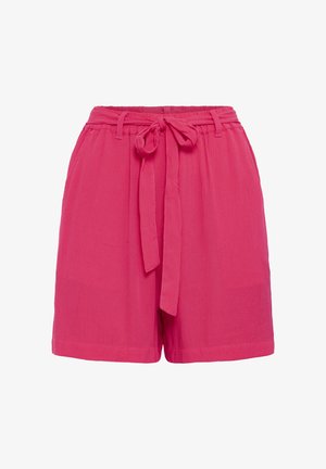 Kõrge vöökohaga roosad kangast lühikesed püksid, millel on sõlmitav vöö, vööaugud ja lõdvestunud lõige.