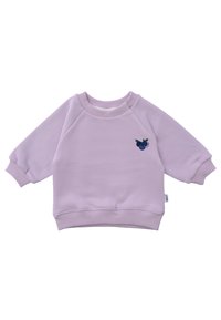 Lilafarbener Sweatshirt mit Raglanärmeln, gerippten Bündchen und Saum. Auf der Vorderseite befindet sich ein dunkelblaue Beerenmotiv. Hergestellt aus weichem Baumwollmaterial.