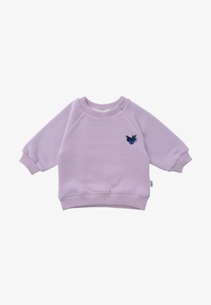 Lilac sweatshirt with raglan sleeves, ribbed cuffs, and hem. Features a dark blue berry design on the front. Made from soft cotton material.