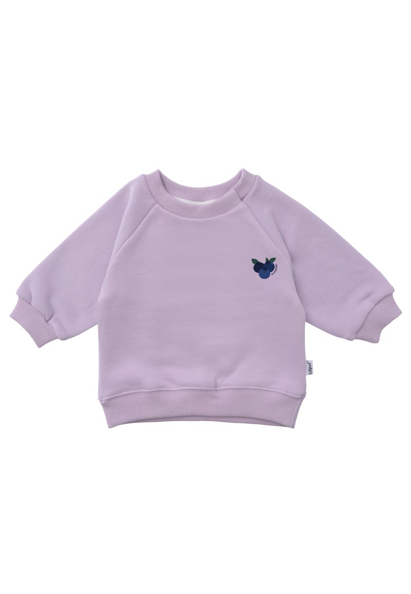 Lilafarbener Sweatshirt mit Raglanärmeln, gerippten Bündchen und Saum. Auf der Vorderseite befindet sich ein dunkelblaue Beerenmotiv. Hergestellt aus weichem Baumwollmaterial.