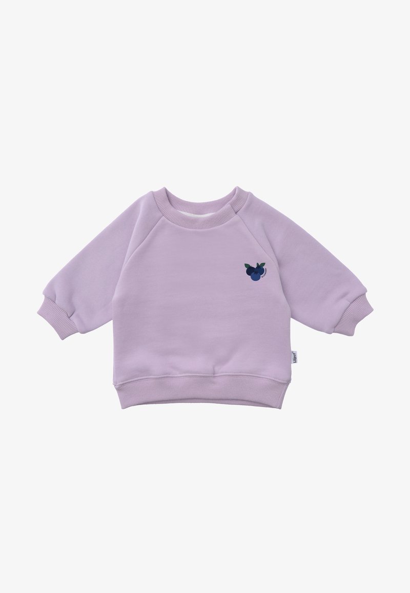 Lilafarbener Sweatshirt mit Raglanärmeln, gerippten Bündchen und Saum. Auf der Vorderseite befindet sich ein dunkelblaue Beerenmotiv. Hergestellt aus weichem Baumwollmaterial.