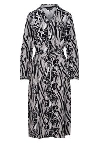 Button-up dress with a black and grey abstract pattern, long sleeves, and a tied waist. Made of lightweight fabric with a collar.