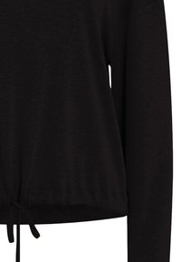 Black long-sleeve top made from lightweight fabric, featuring a gathered waist with a drawstring and a relaxed fit. Smooth texture.