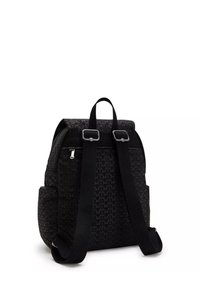 Black fabric backpack with geometric pattern, top handle, adjustable black straps, front zip pocket, and side pockets for extra storage.