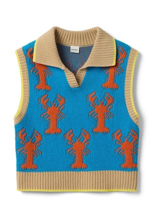 Chaleco de punto sin mangas con cuello y dobladillo beige, fondo azul brillante y patrón repetido de langosta naranja, ribete amarillo en las sisas.