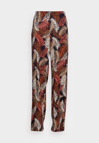 Pantalon à jambes larges en tissu noir avec un imprimé feuilles multicolore éclatant en rouge, crème et beige. Texture légère et lisse.
