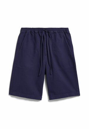 Navy blue knee-length shorts with elastic waistband, drawstring, and front patch pockets, laid flat on white background.