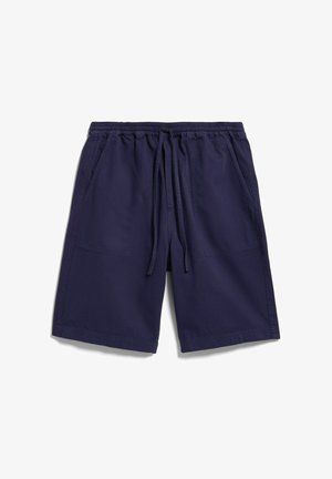 Shorts bleu marine jusqu'aux genoux avec taille élastique, cordon de serrage et poches plaquées à l'avant, posés à plat sur fond blanc.