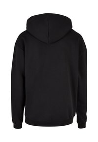 Schwarzer Hoodie mit langen Ärmeln und Kapuze, von hinten auf weißem Hintergrund gezeigt.